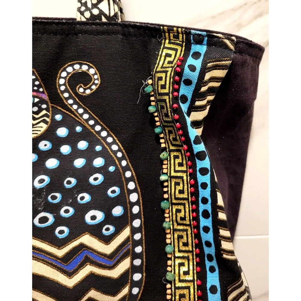 Laurel Burch Black Cotton Cat Tote Bead Trim Gold Braid Double Handles 16x9x4.5